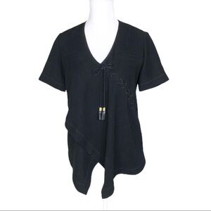 Altuzarra black diagonal lace tassel tie tunic top v-neck short sleeves small 34